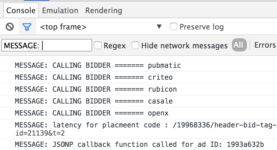 Prebid.js message log